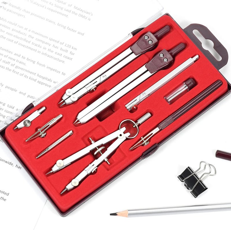 Unjoo Drawing 9Pc Geometry Set Metal Compass, Geometry Precision Tool for Student, Circle Drawing Tool and Architecture, Drafting Kits for Engineer with Shatterproof Storage Box (Red) - Image 5